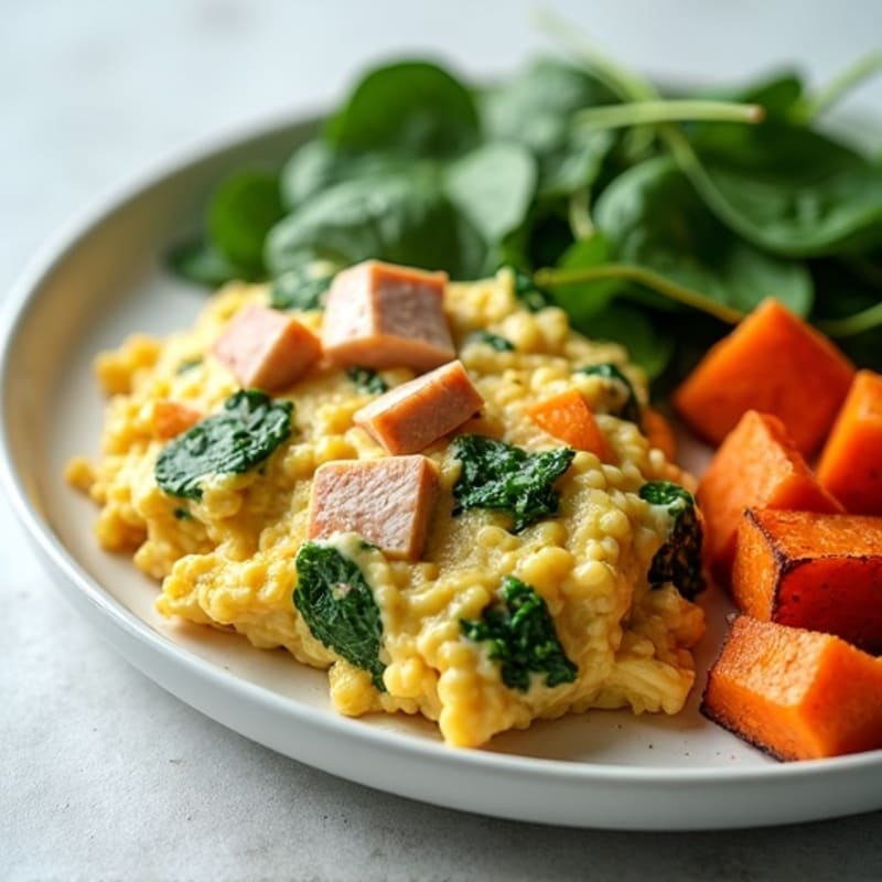 Egg White and Turkey Spinach Scramble with Roasted Sweet Potato