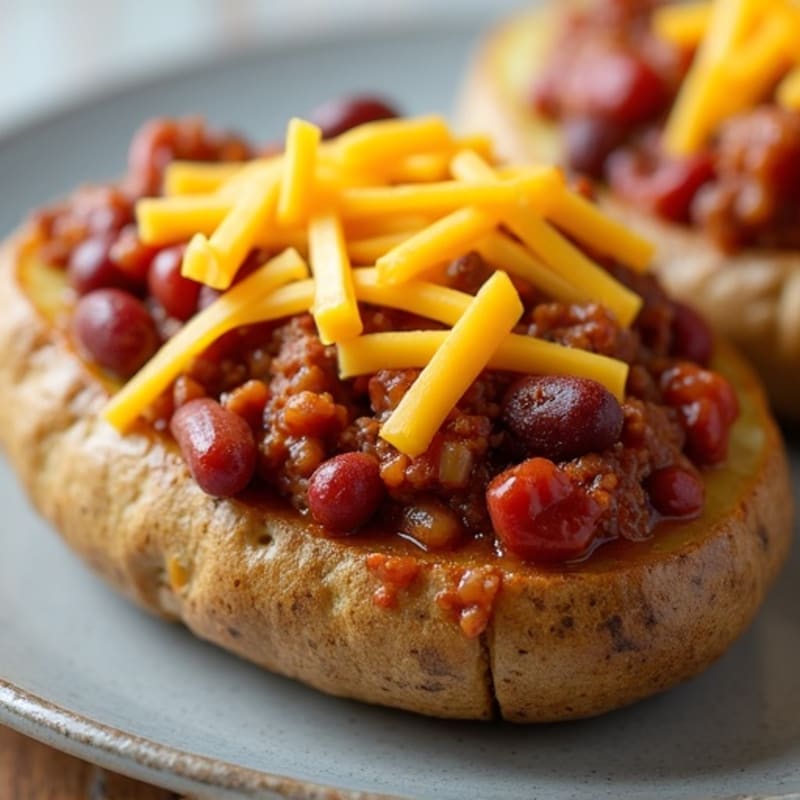 Crispy Baked Potato Halves with Hearty Beef Chili and Creamy Cheddar