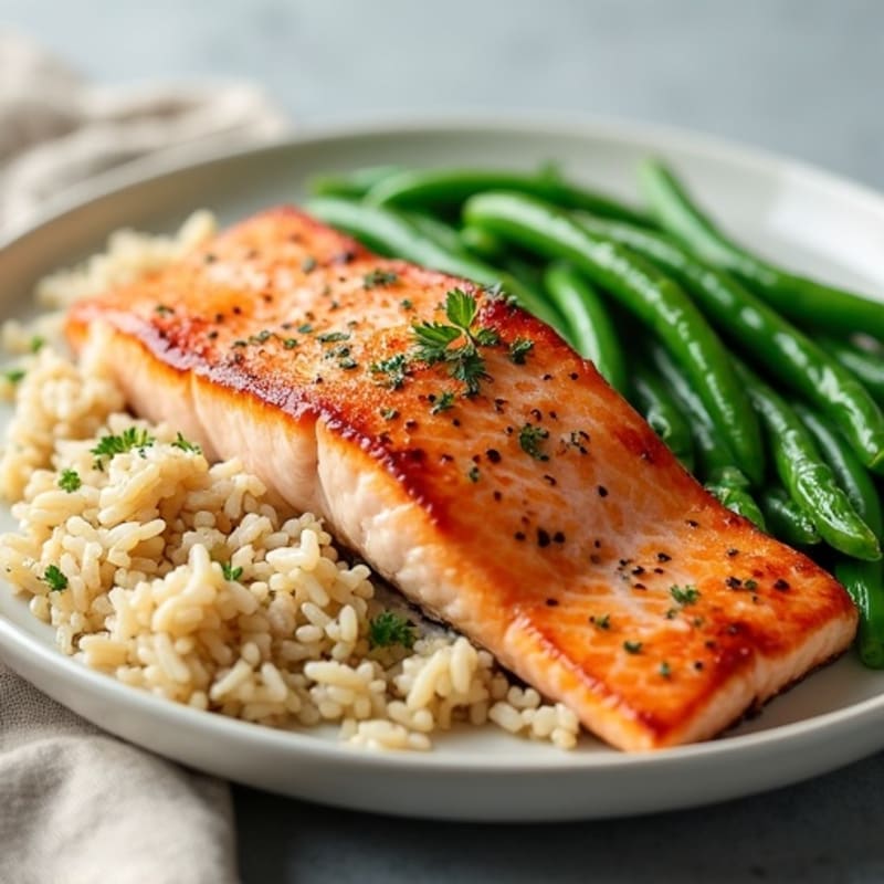 Seared Salmon with Steamed Green Beans and Brown Rice