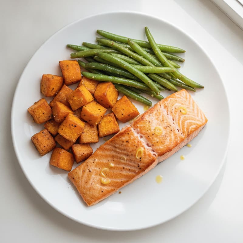 Pan-Seared Salmon with Roasted Sweet Potato and Green Beans