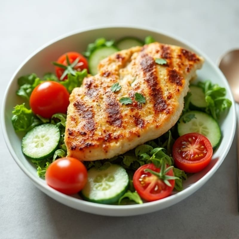 Grilled Chicken Breast Salad with Cucumber and Tomato