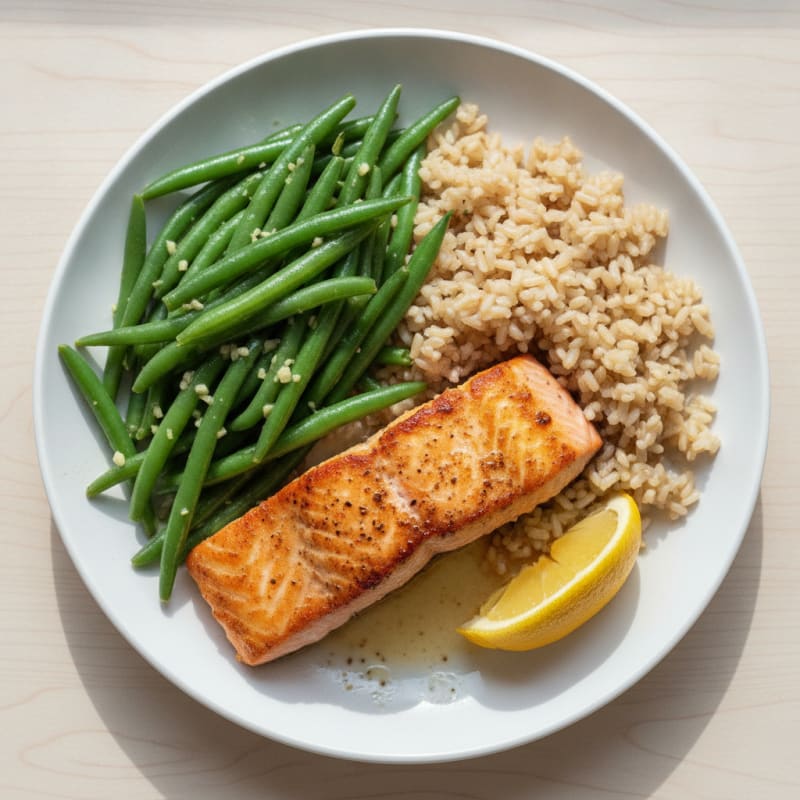 Pan-Seared Salmon with Garlic Green Beans and Brown Rice