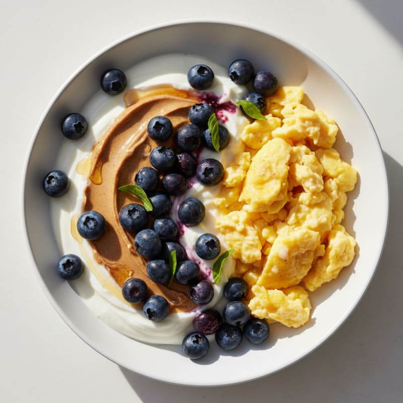 Creamy Greek Yogurt Bowl with Soft Scrambled Eggs and Berries