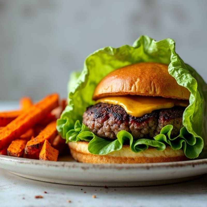 Grilled Lean Beef Burger with Crispy Lettuce Wraps and Roasted Sweet Potato Fries