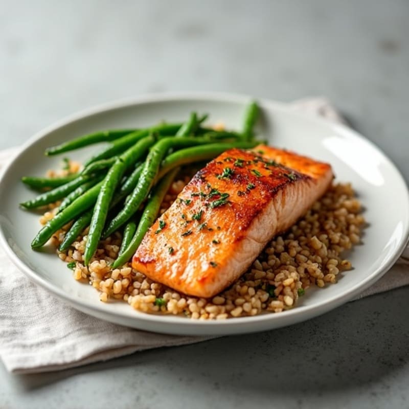 Seared Salmon with Steamed Green Beans and Brown Rice