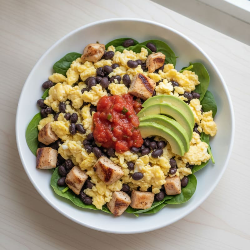 Scrambled Egg and Black Bean Breakfast Bowl with Grilled Chicken