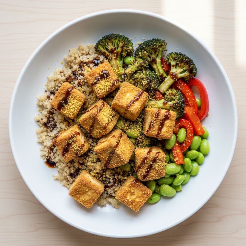 Crispy Tofu Power Bowl with Quinoa and Roasted Vegetables