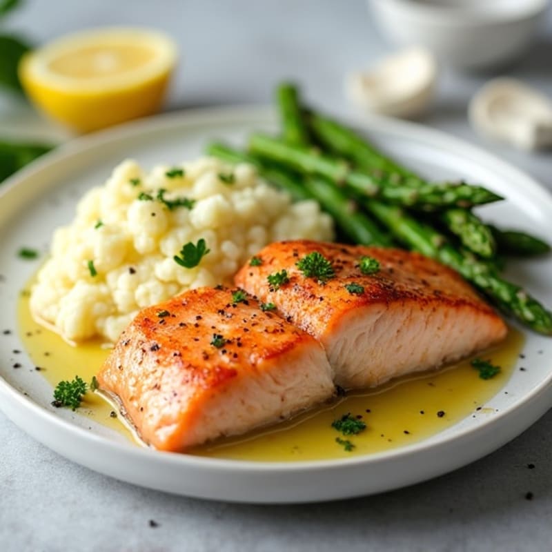 Seared Salmon Fillet with Steamed Asparagus and Cauliflower Mash