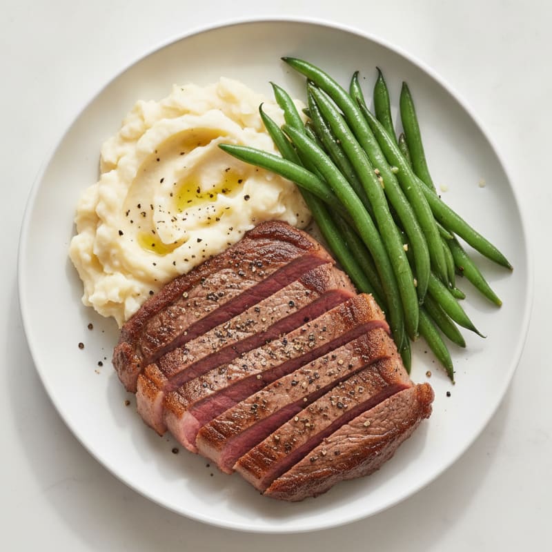 Seared Steak with Garlic Mashed Potatoes and Steamed Green Beans