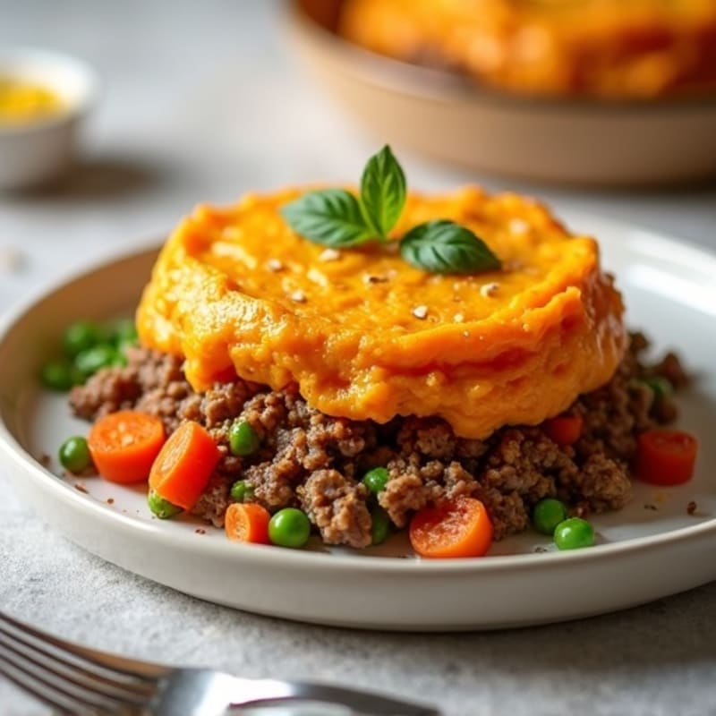 Hearty Lean Ground Beef and Mixed Vegetable Pie with Creamy Sweet Potato Mash