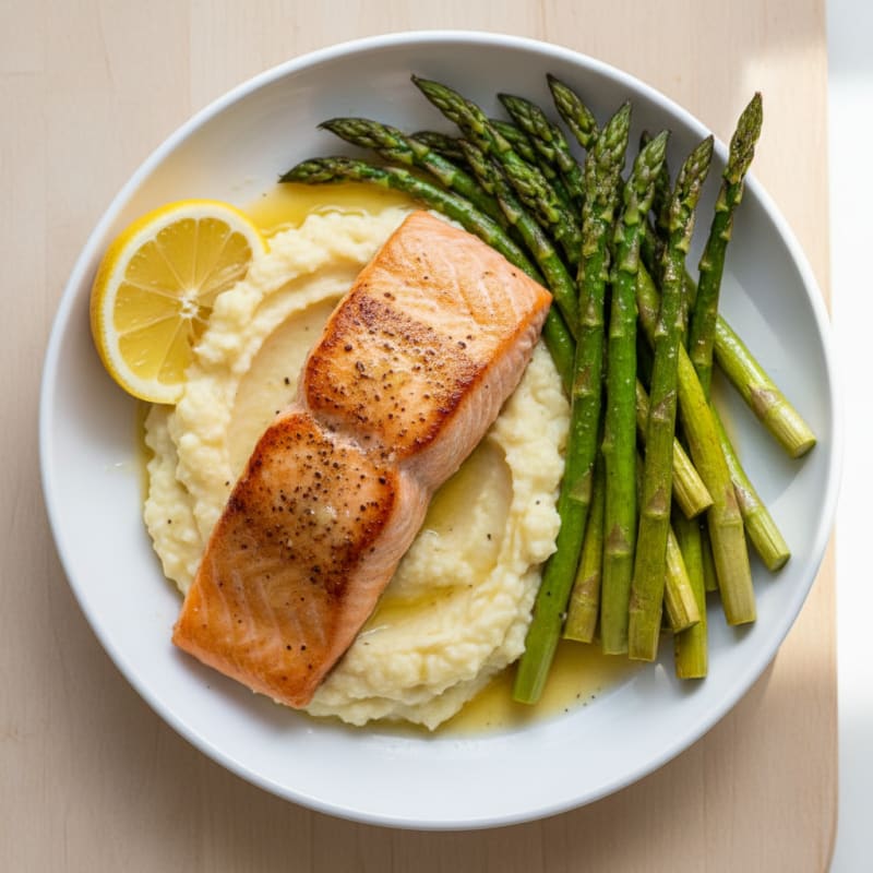 Seared Salmon with Roasted Asparagus and Cauliflower Mash