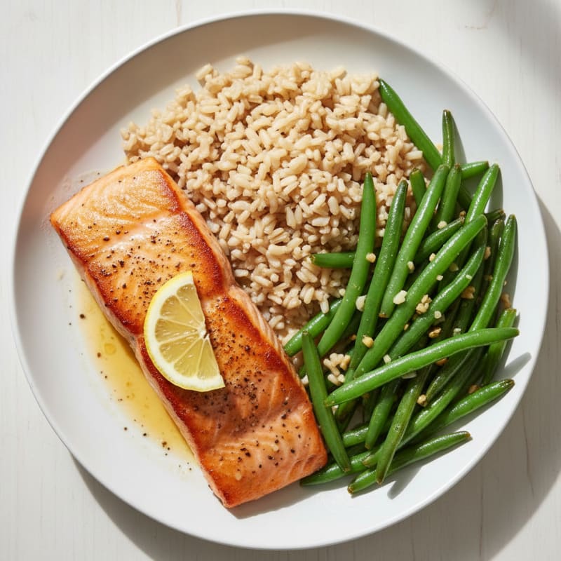 Seared Salmon with Garlic Green Beans and Brown Rice