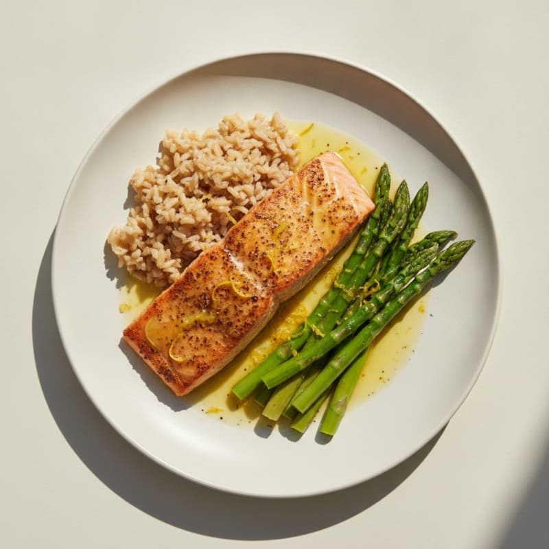 Seared Salmon with Steamed Asparagus and Brown Rice