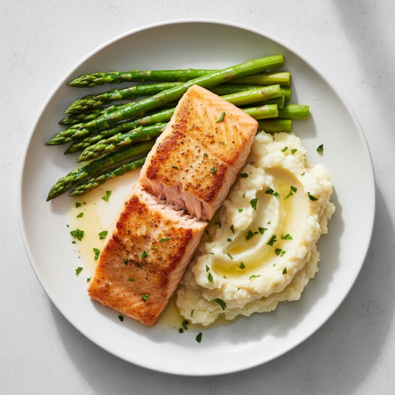 Seared Salmon with Steamed Asparagus and Garlic Mashed Cauliflower