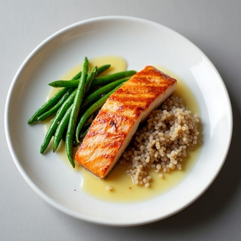 Seared Salmon with Garlic Green Beans and Steamed Brown Rice