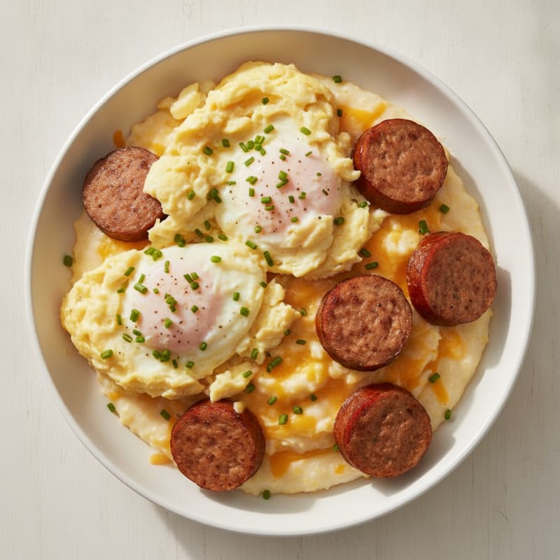 Fluffy Scrambled Eggs with Turkey Sausage and Cheddar Grits