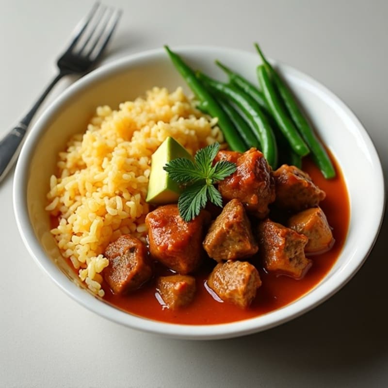 Curry Goat with Jasmine Rice and Steamed Green Beans