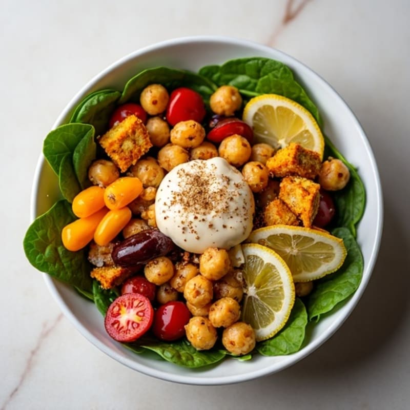 Crispy Chickpea Buddha Bowl with Roasted Vegetables and Creamy Lemon Tahini Dressing