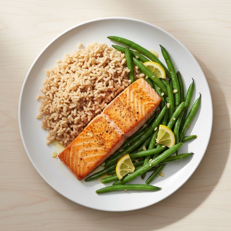 Seared Salmon with Garlic Green Beans and Brown Rice