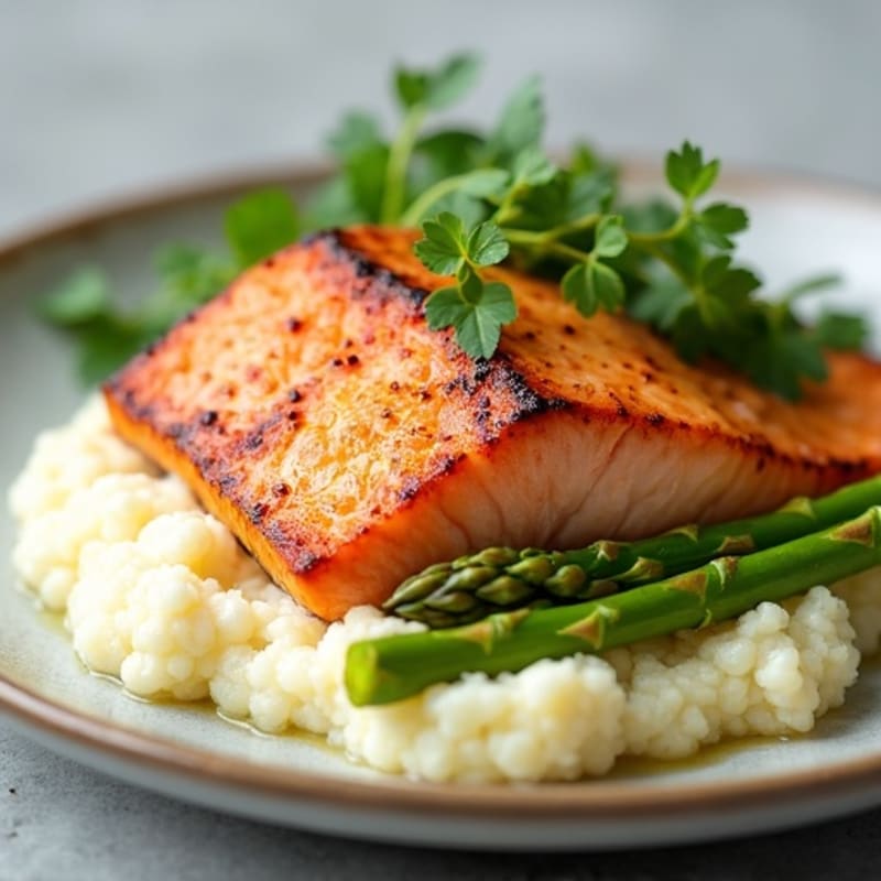 Seared Salmon with Steamed Asparagus and Cauliflower Mash