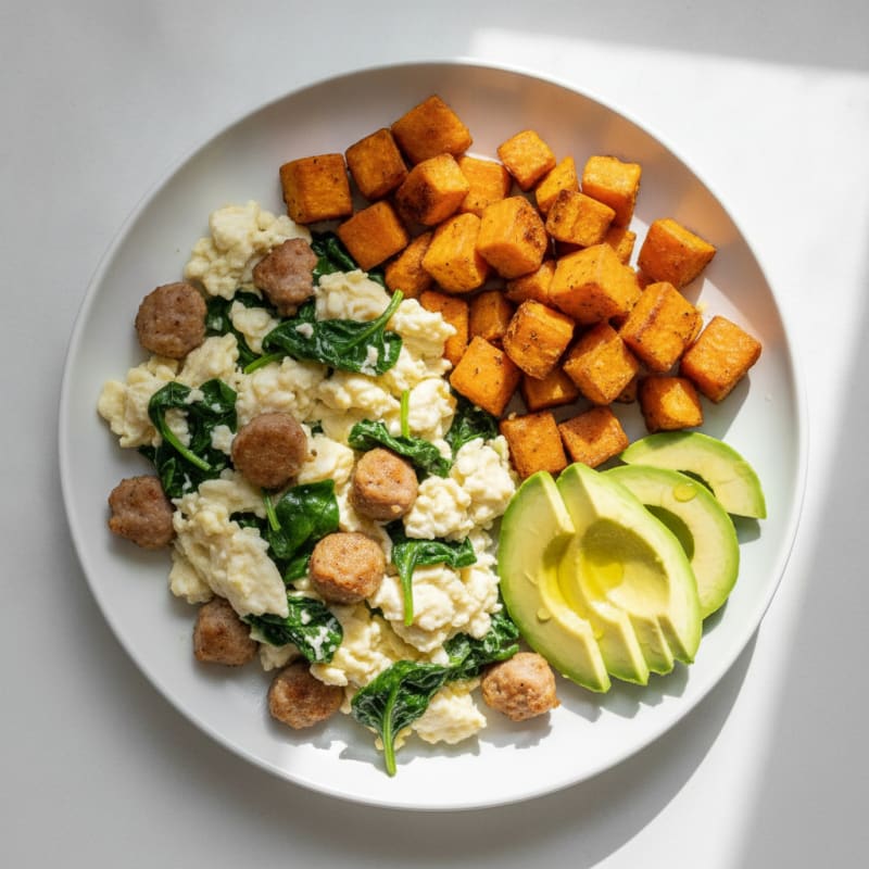 Egg White Scramble with Turkey Sausage and Spinach