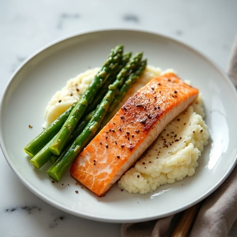 Seared Salmon with Steamed Asparagus and Cauliflower Mash