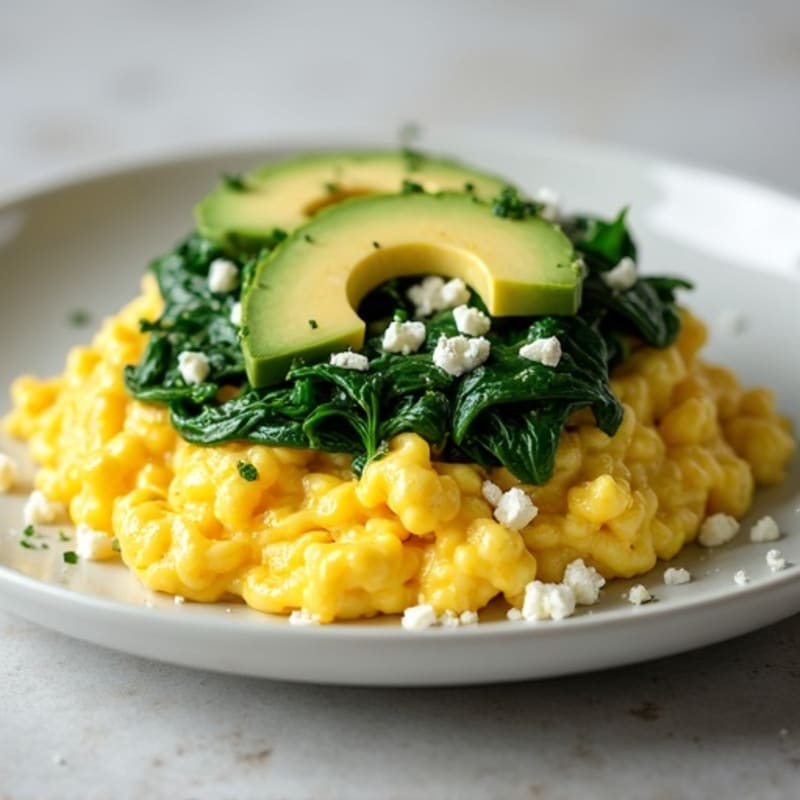 Fluffy Scrambled Eggs with Sautéed Greens and Avocado