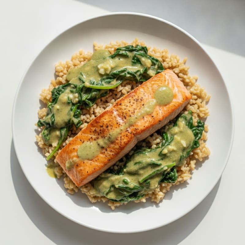 Seared Salmon with Creamy Garlic Spinach and Brown Rice