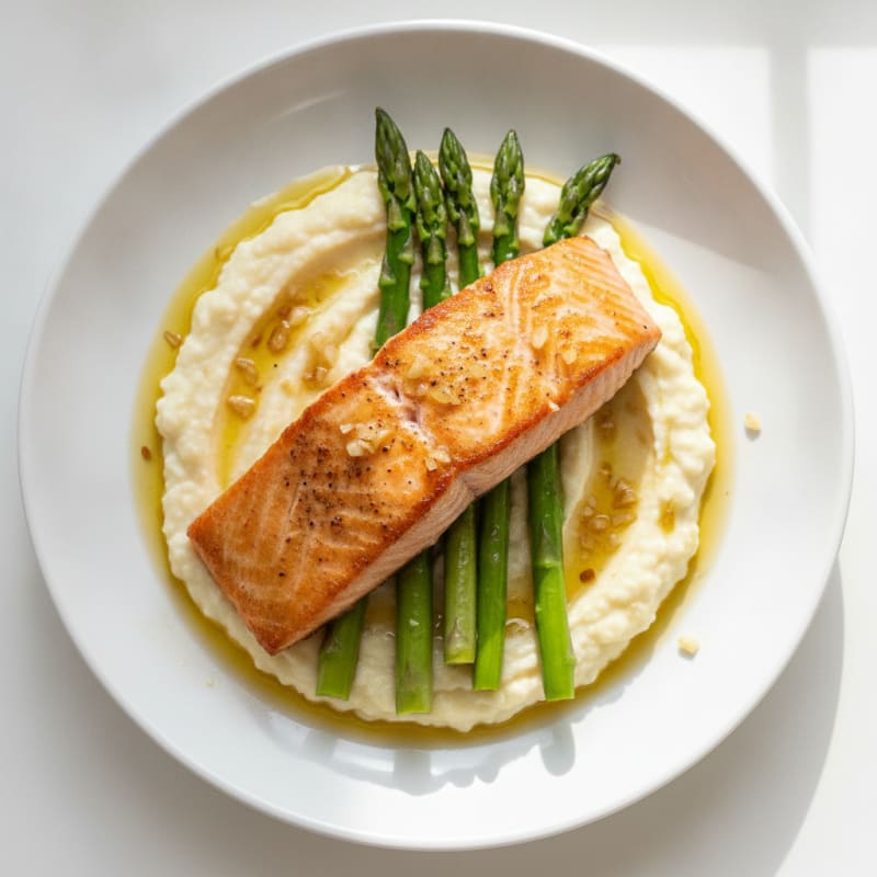 Seared Salmon with Steamed Asparagus and Cauliflower Mash