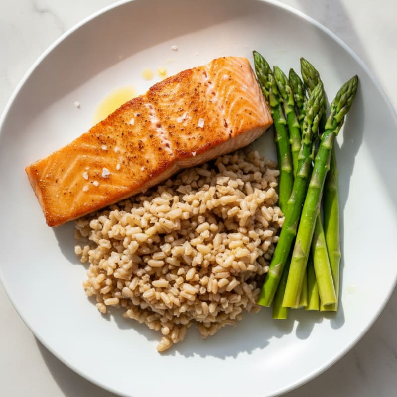 Seared Salmon with Steamed Asparagus and Brown Rice