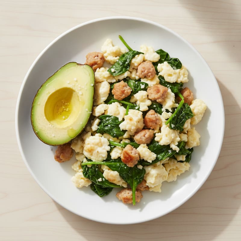 Egg White Scramble with Turkey Sausage and Sautéed Spinach