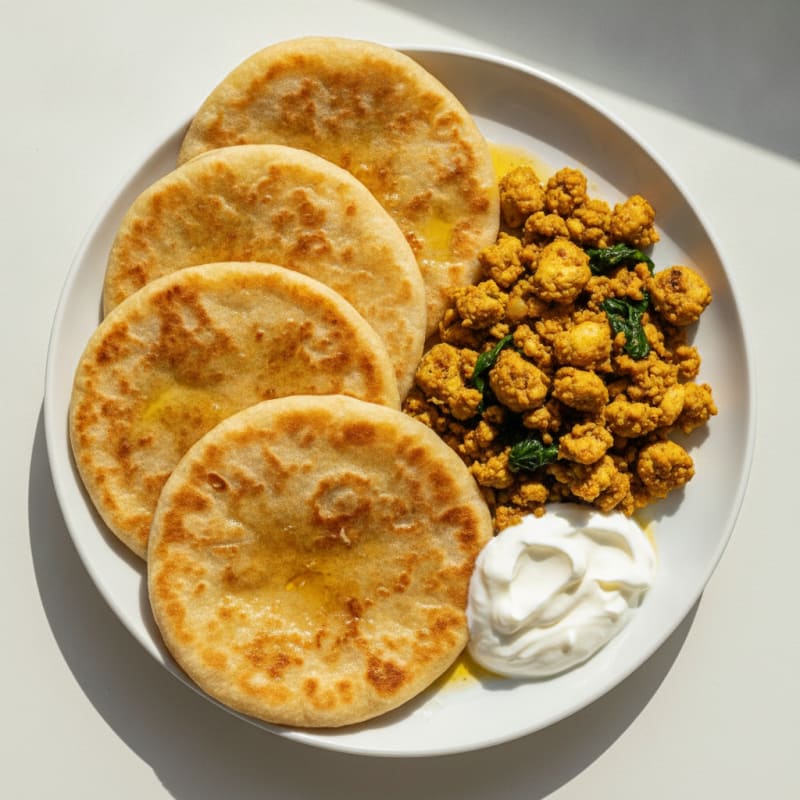 Pan-Fried Chapati with Ghee and Spiced Chicken