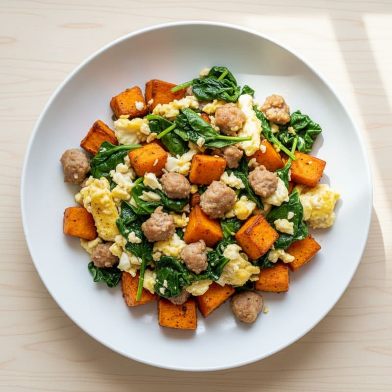 Egg White and Turkey Sausage Scramble with Spinach and Roasted Sweet Potato