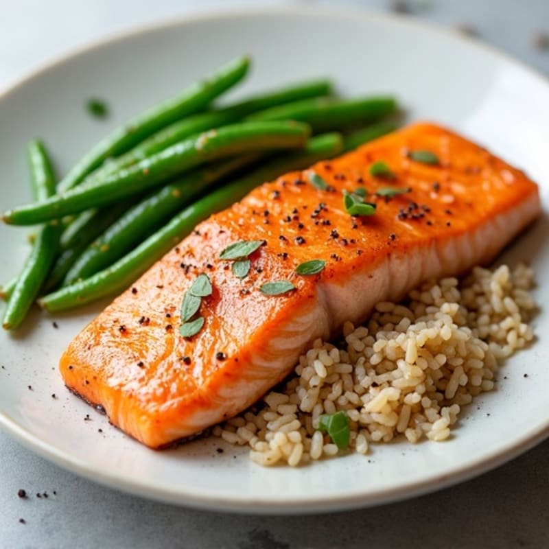 Seared Salmon with Garlic Green Beans and Brown Rice