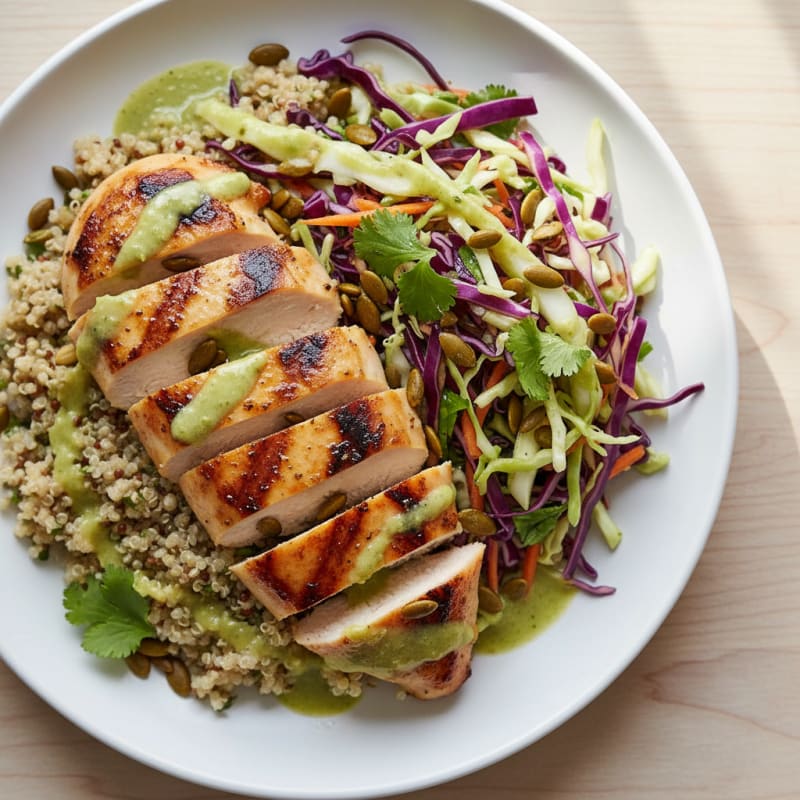 Grilled Chicken Breast with Crunchy Slaw and Quinoa