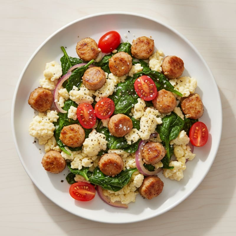 Egg White and Turkey Sausage Scramble with Sautéed Spinach
