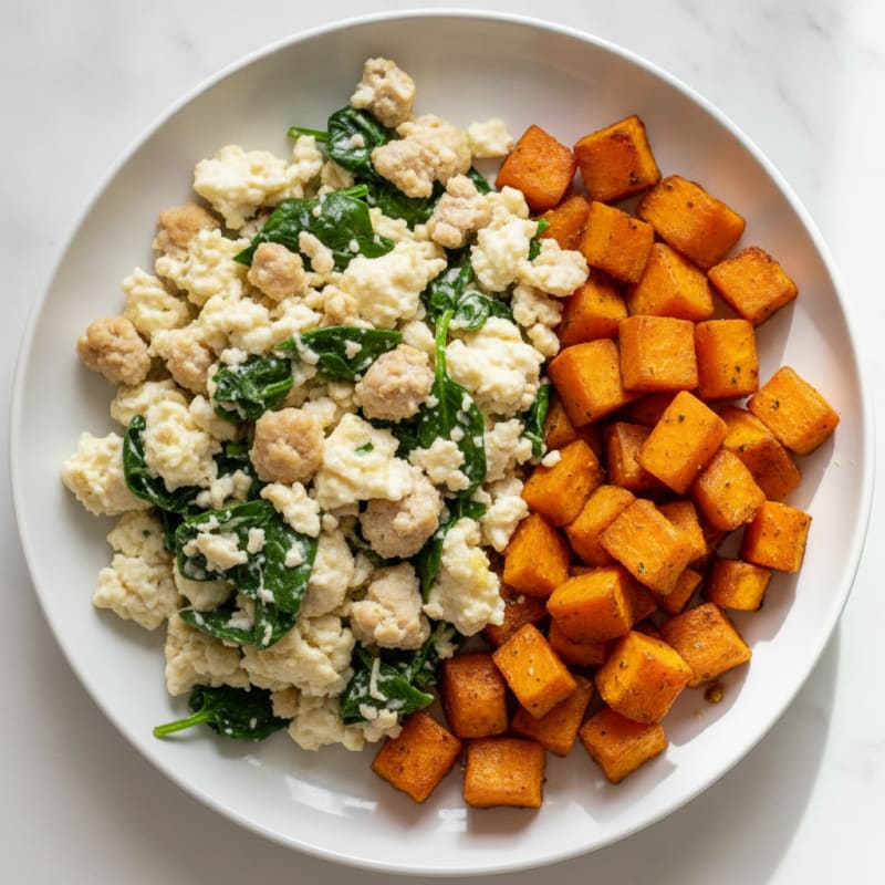 Egg White and Turkey Sausage Scramble with Spinach and Roasted Sweet Potato