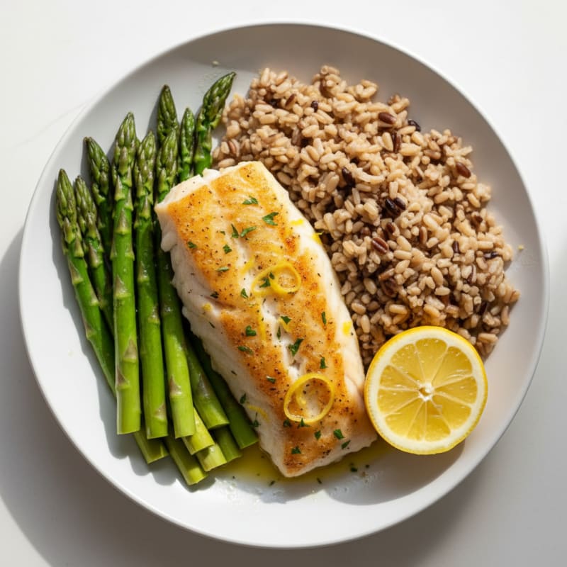 Baked Cod with Steamed Asparagus and Brown Rice