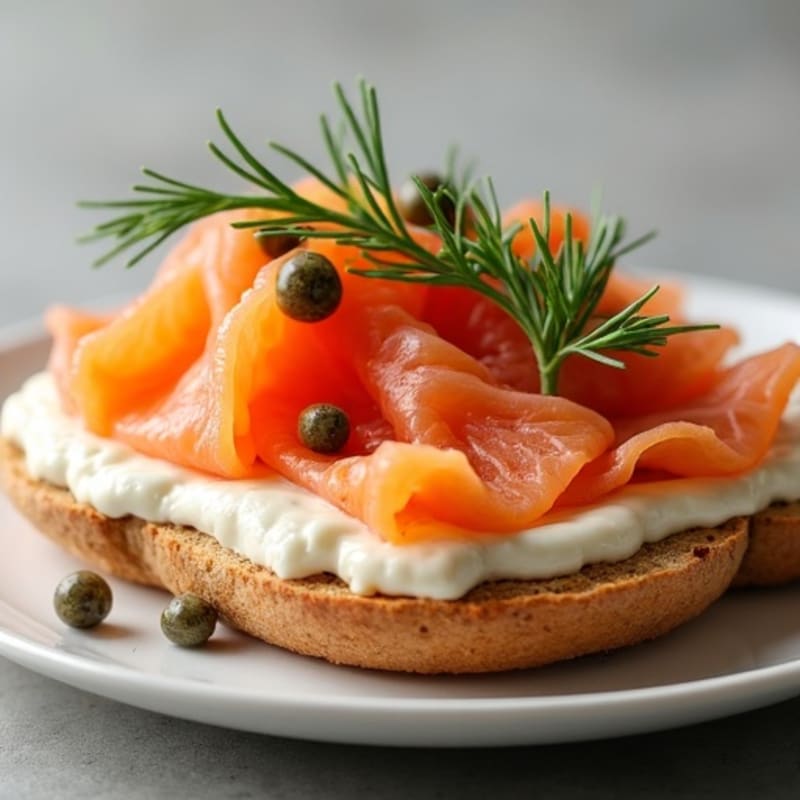 Open-Face Smoked Salmon with Herbed Cream Cheese on Toasted Bagel