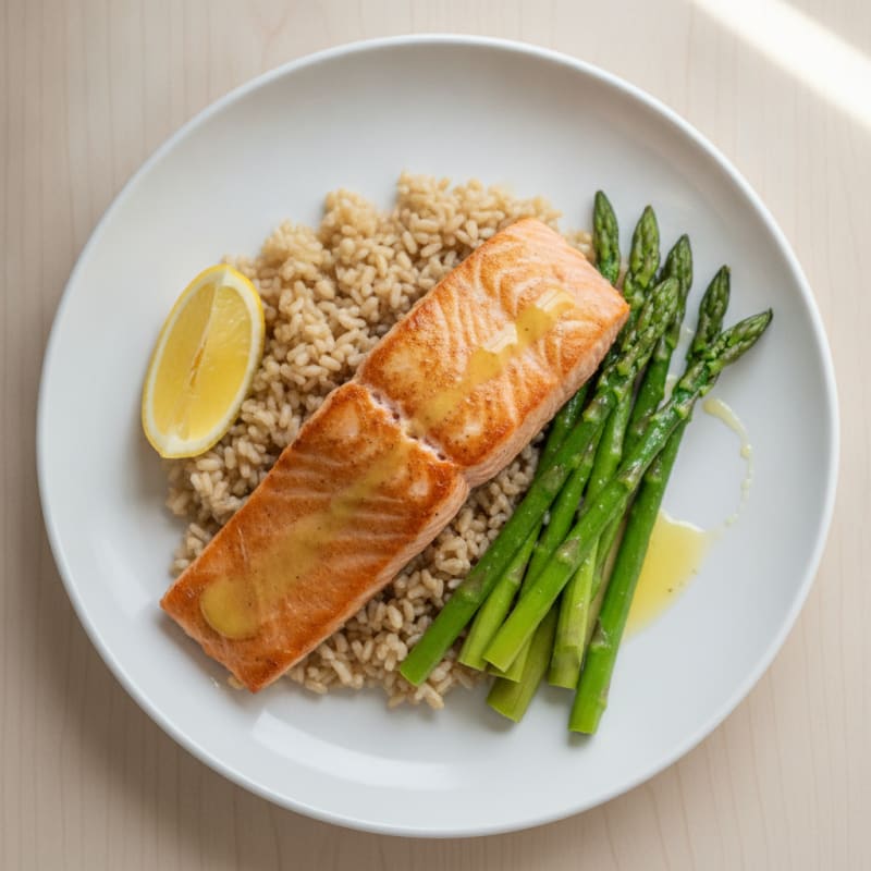 Seared Salmon with Steamed Asparagus and Brown Rice