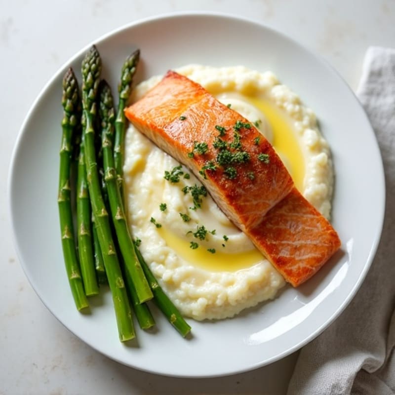 Seared Salmon with Steamed Asparagus and Cauliflower Mash