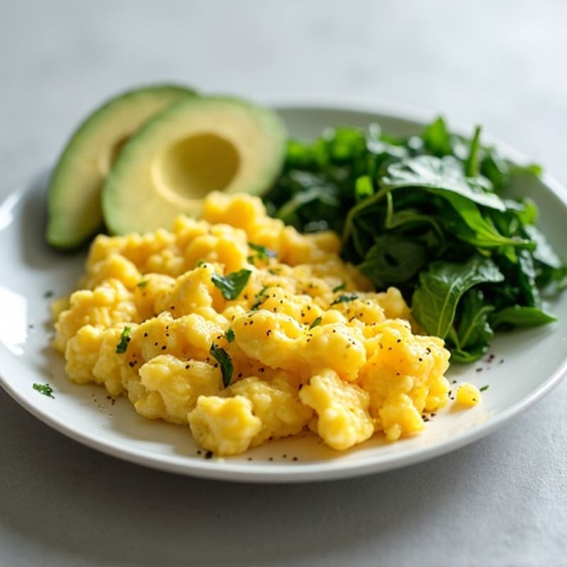 Creamy Scrambled Eggs with Sautéed Spinach and Avocado