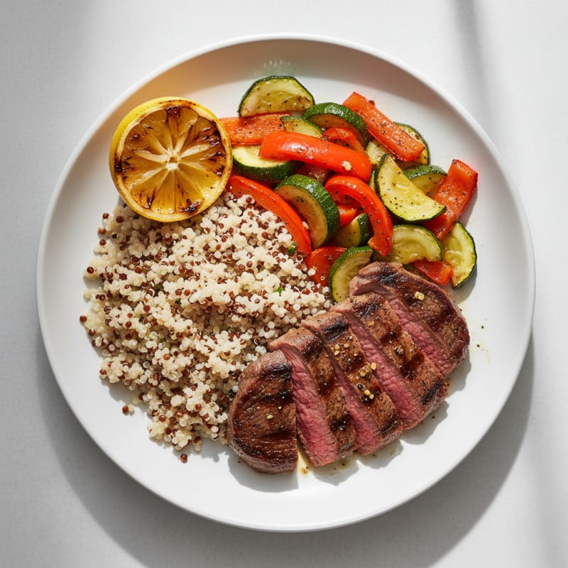 Grilled Beef Steak with Roasted Veggies and Quinoa