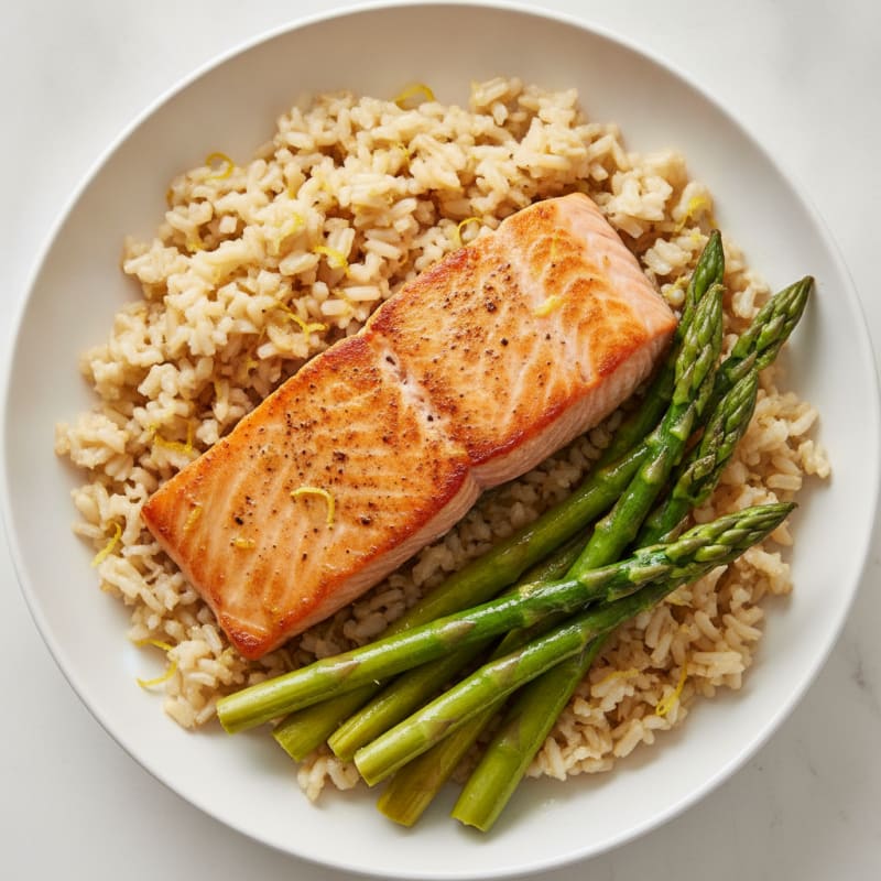 Seared Salmon with Steamed Asparagus and Lemon Zest Brown Rice