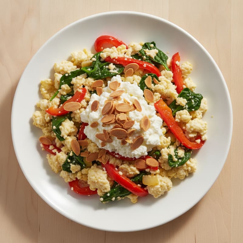 Egg White Veggie Scramble with Cottage Cheese and Toasted Almonds
