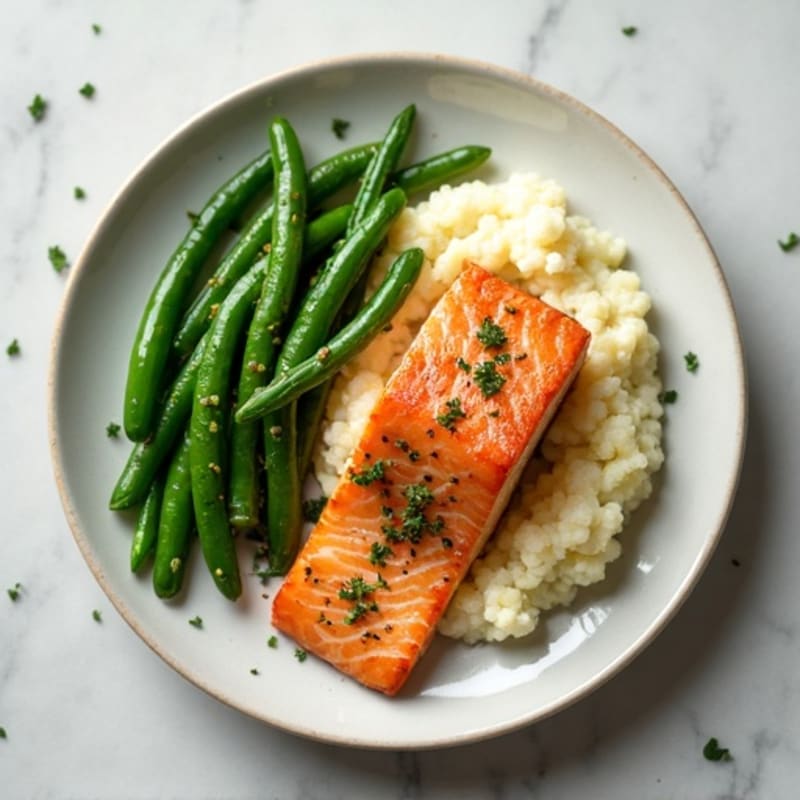 Seared Salmon with Garlic Green Beans and Mashed Cauliflower