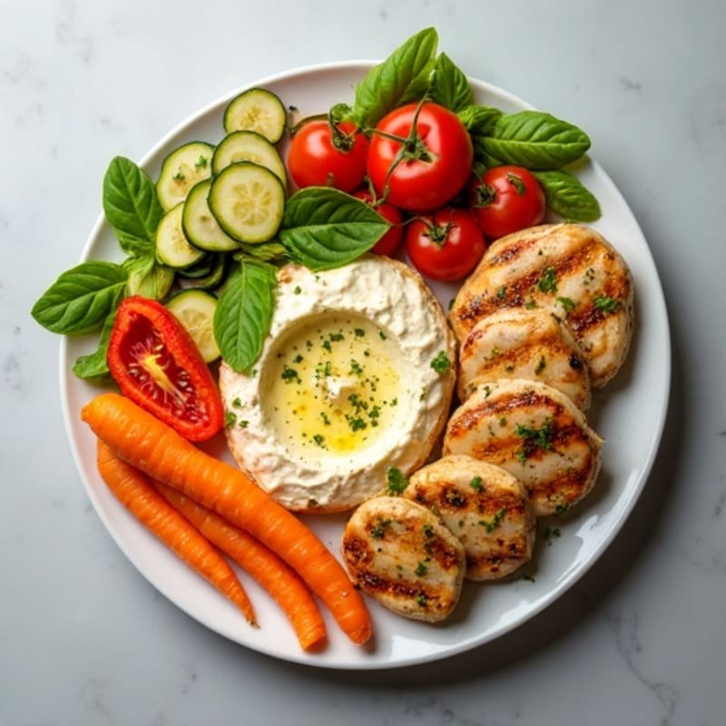 Lemon-Herb Chicken and Creamy Hummus Platter with Crispy Vegetables