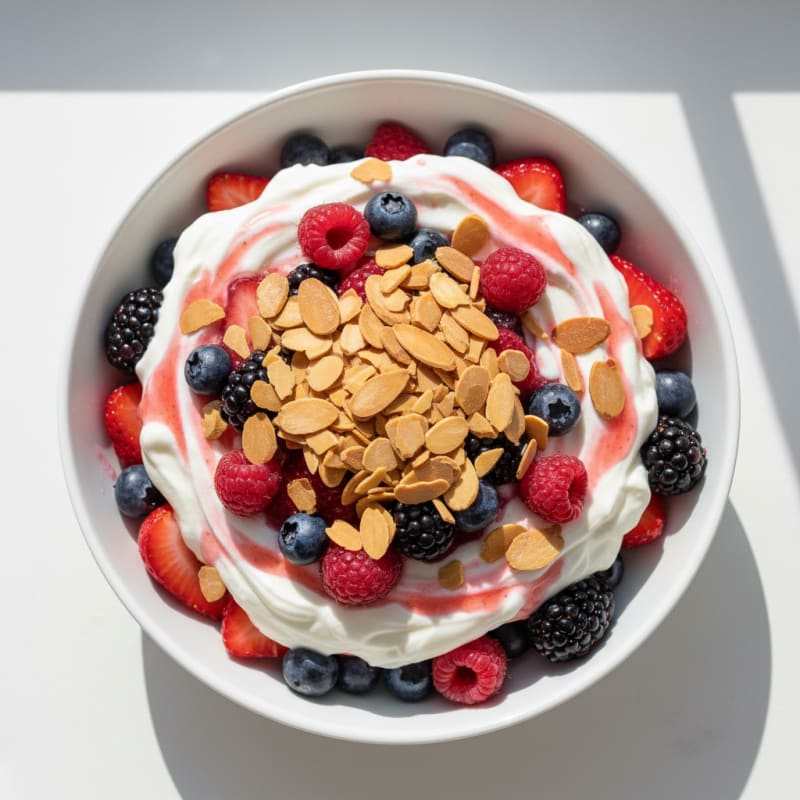 Greek Yogurt Protein Parfait with Mixed Berries and Almonds