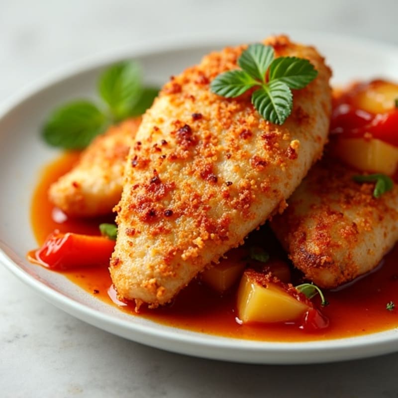 Crispy Baked Sweet and Sour Chicken with Roasted Bell Peppers and Pineapple