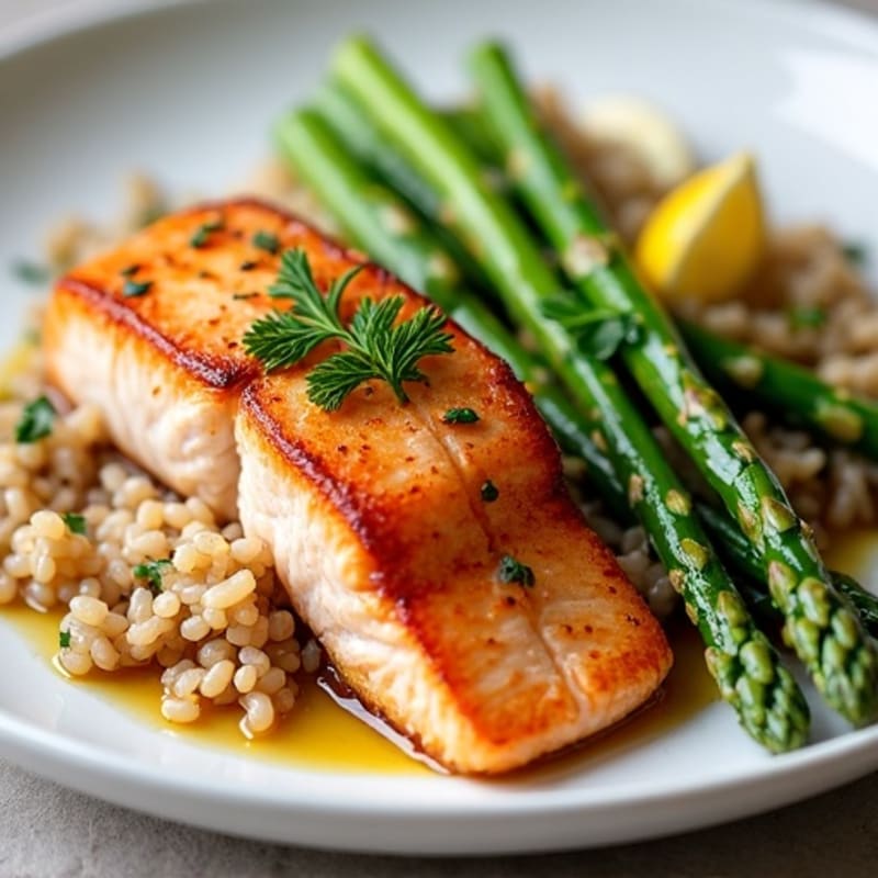 Seared Salmon Fillet with Steamed Asparagus and Brown Rice
